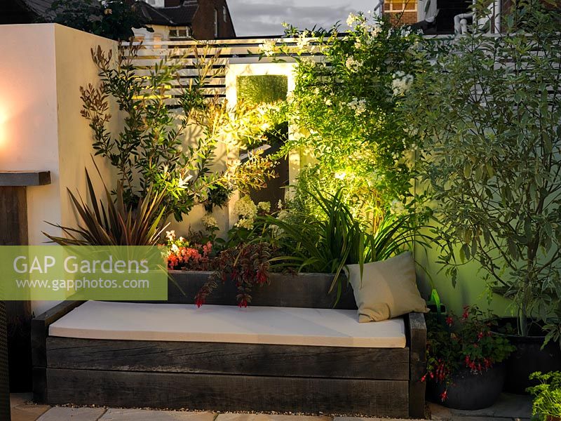 Outdoor room at night with lighting on mirror behind raised bed of phormium, solanum and callistemon, behind built-in seat.