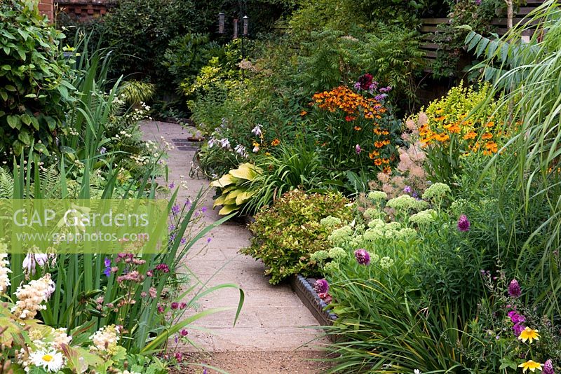 A paved path through a double border planted with late summer flowering perennials including astrantia, sedum, fennel, helenium, Verbena bonariensis and drumstick allium.