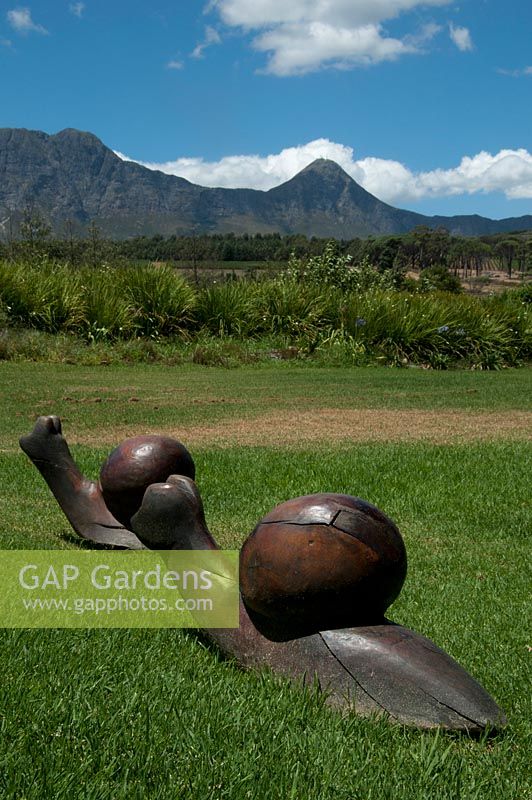 Wooden sculptures of snails. Vergelegen gardens, children's play area. Somerset West. South Africa