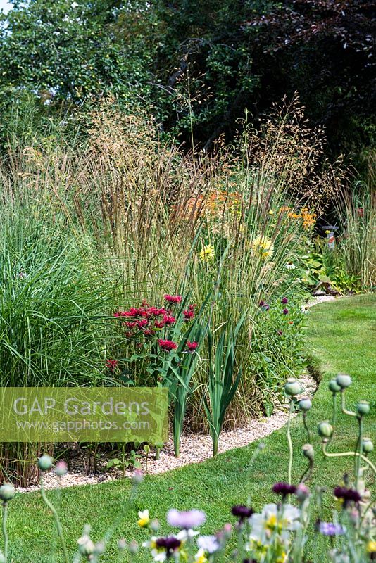 A curved grass path alongside a mixed herbaceous border planted with Monarda, Dahlia, Calamagrostis, Stipa and Molina.