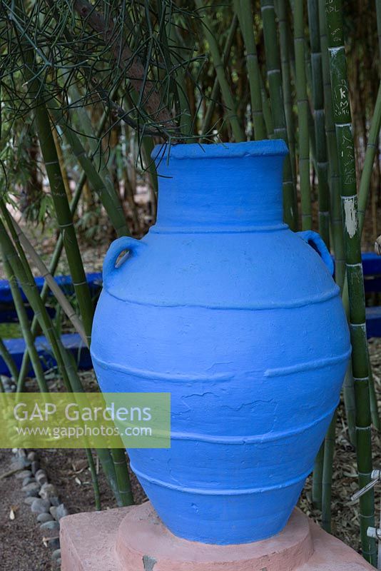Amphora terracotta container painted blue in front of bamboo. Jardin Majorelle, Yves Saint Laurent garden