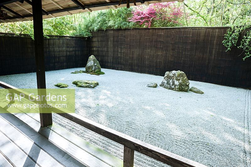 The Zen Garden, Karesansui, where nature is pared back to essentials and the garden is made anew each day by raking the gravel. The Japanese Garden and Bonsai Nursery, St.Mawgan, nr Newquay, Cornwall
