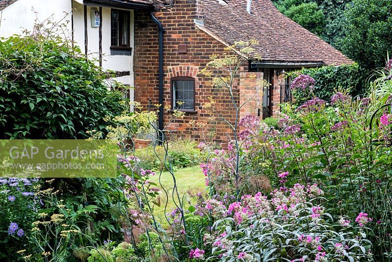 A mixed border with asters, fennel, clematis and phlox in front of a medieval farmhouse. Southend Farm.