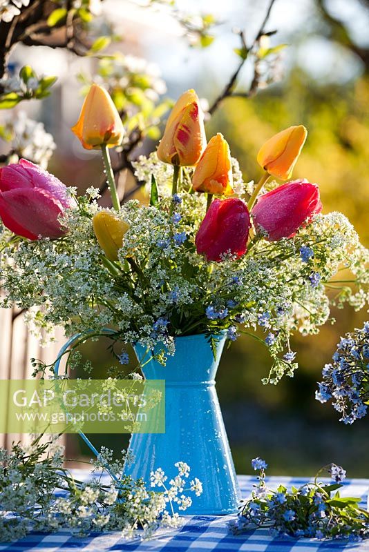 Floral arrangement of tulips, cow parsley and forget-me-nots.
