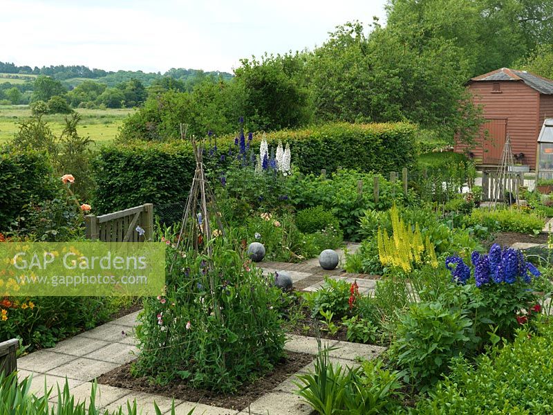 Kitchen garden with cutting garden of sweet peas, foxtail lilies, alstroemeria and delphinium, raspberries, cabbage, parsnip, beans, potato, lettuce. View to River Test valley.