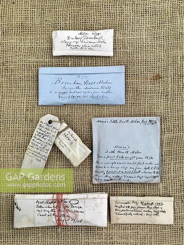 The Heritage Seed Library - a selection of vegetable seed packets. In Victorian Times, vegetable seeds were exchanged informally between friends and gardeners, and passed through generations of the same family, often accompanied by handwritten horticultural notes.