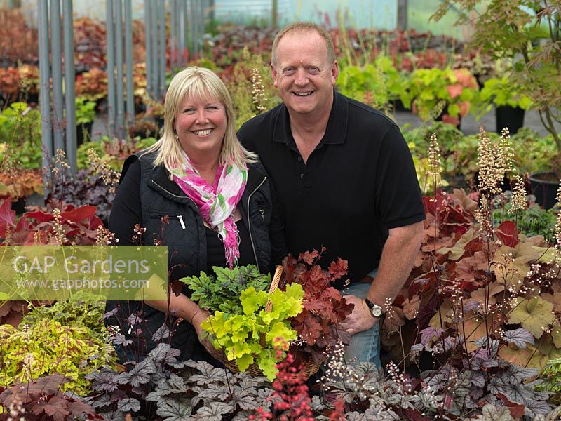 Richard and Vicky Fox amongst their National Collection of 250 heucheras, with more varieties being added each year.