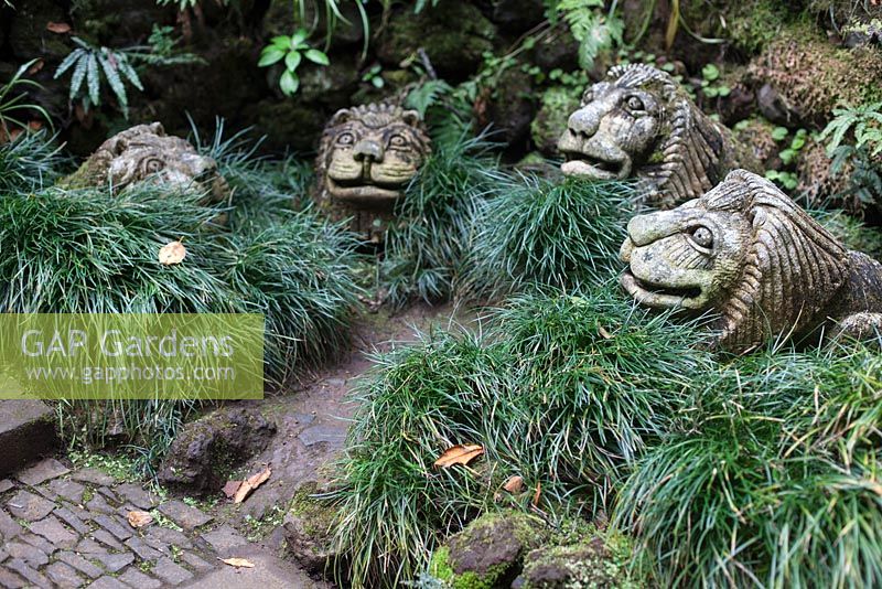 Lion sculptures amongst carex at Monte Palace Tropical Garden, Madeira