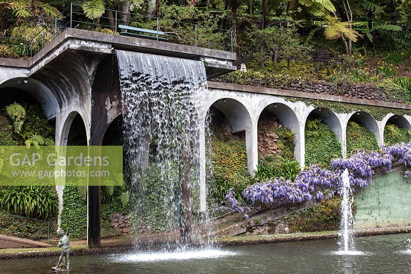 Waterfall into the Central Lake at Monte Palace Tropical Garden, Madeira, with wisteria clad wall, and cherub water feature
