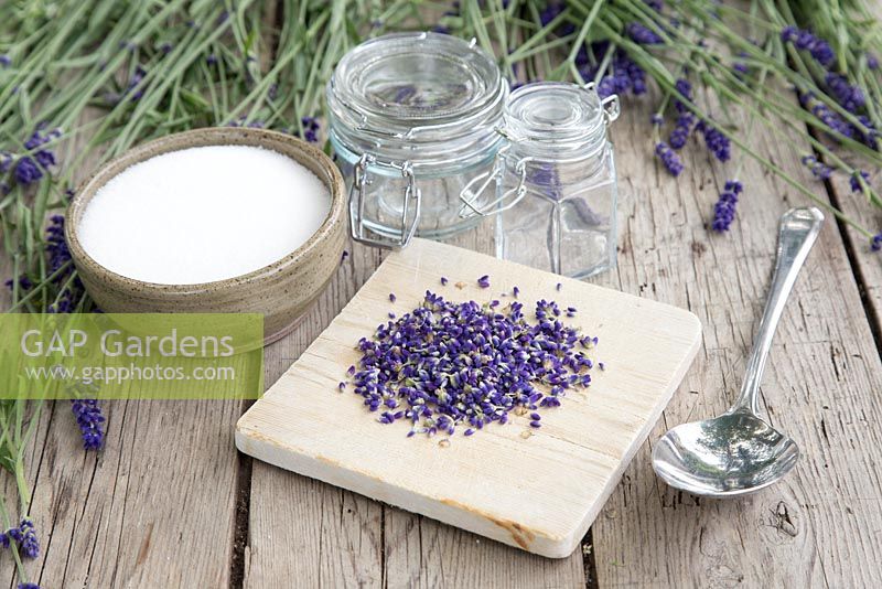 Materials required for making Lavender Sugar are empty glass jars, Lavandula angustifolia 'Hidcote' flowers and sugar