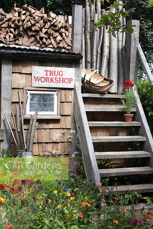 A Trugmaker's Garden, celebrating the dying artisan craftsmanship of Sussex trugmakers. RHS Chelsea Flower Show 2015