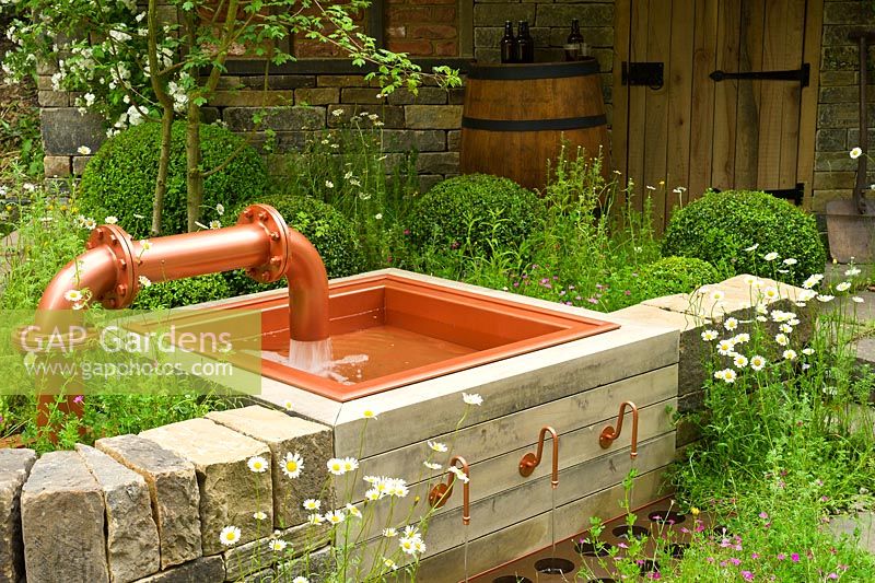 Modern water feature. Brewers Yard by Welcome to Yorkshire, RHS Chelsea Flower Show 2015 