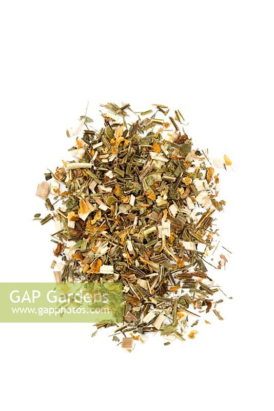 Chopped pieces of broom herb - Cytisus scoparius, for use in herbal medicine