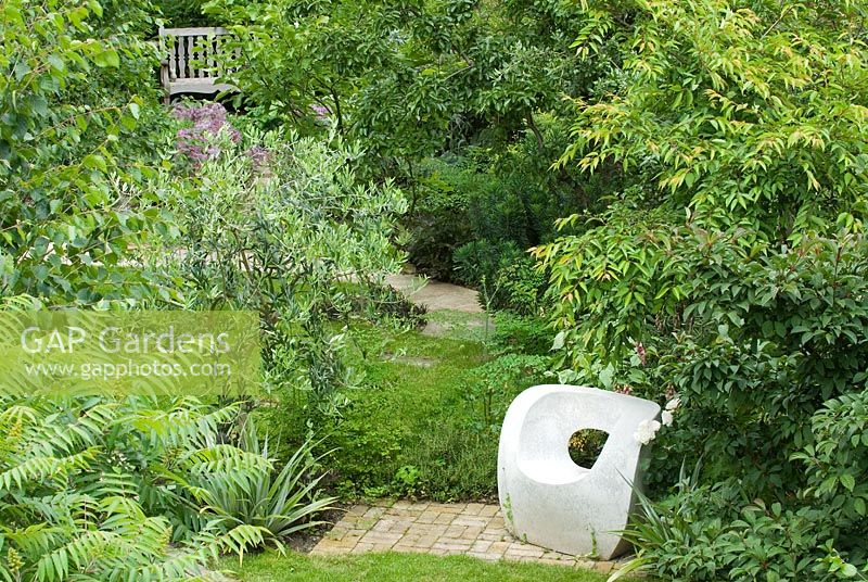 A view over the garden with its winding paths and sculptured seat. Plants include: Sumack, Betual utilus, Olea Europaea, Magnolia, Thalictrum and Euphorbia. Seat by Solid Soul Furniture Designs.