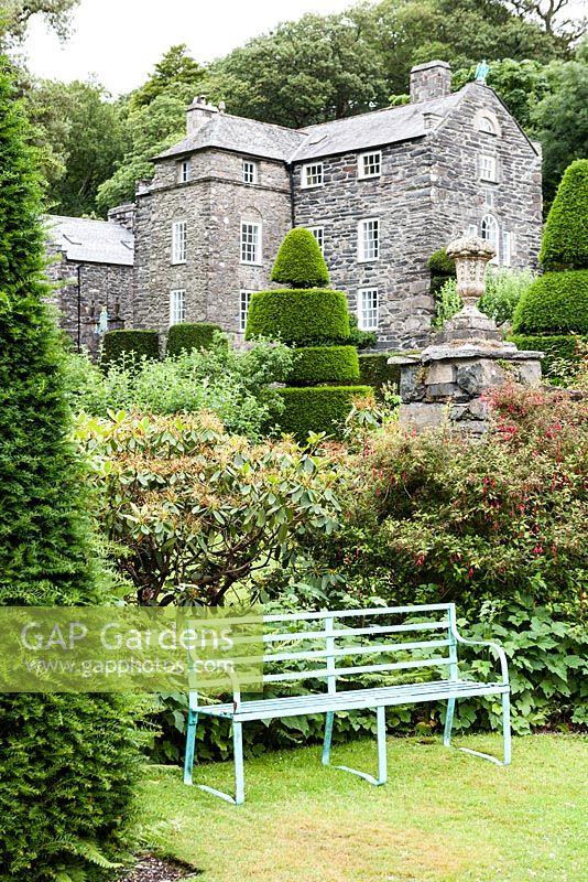 View to house from within the garden. Plas Brondanw Garden, Wales. Designed by and was the home of Sir Clough Williams-Ellis. July 2015