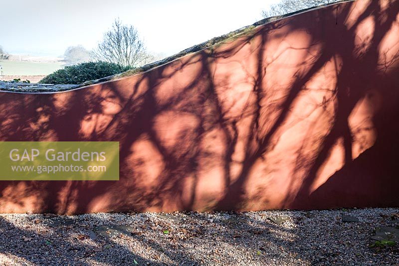 The ruin. Tree shadows on painted wave form wall. Veddw House Garden, Monmouthshire, South Wales. March 2015. Garden designed and created by Charles Hawes and Anne Wareham