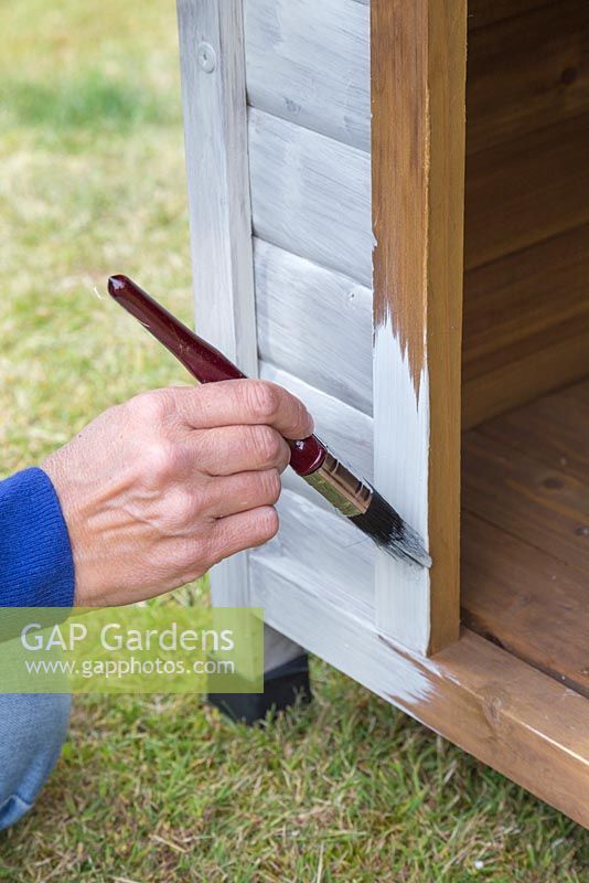 Painting a dog kennel with wood paint. Two layers will ensure protection against the elements