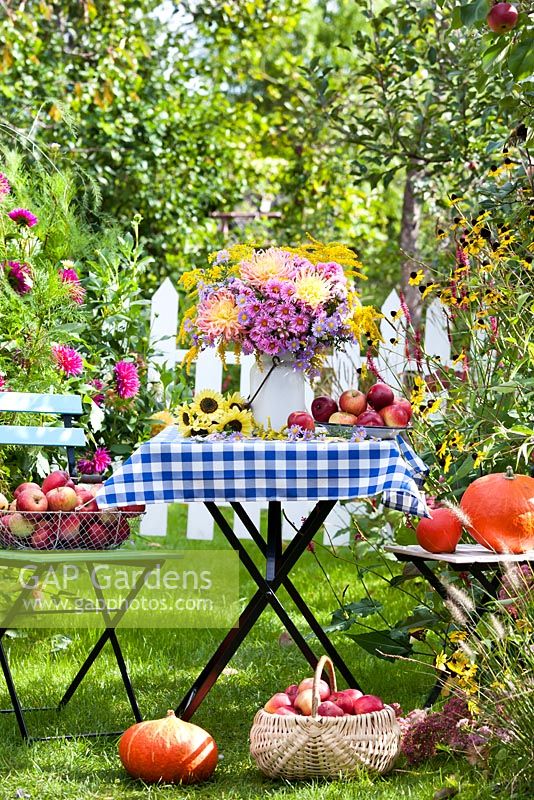 Floral and harvest display of Asters, Dahlias, Sunflowers and Apples. Harvest Time.