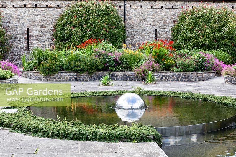 The Sunken Garden. Water Feature by William Pye. Aberglasney Garden, Llangathen, Carmarthenshire, Wales. July.
