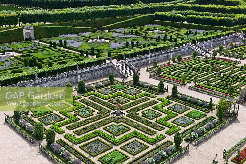 Looking down on to The Potager Garden and The Ornamental Garden at Chateau de Villandry, Loire Valley, France