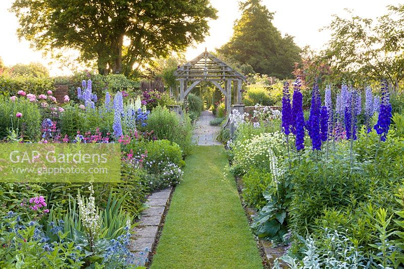 Early morning in the Sundial Garden at Wollerton Old Hall Garden, Wollerton, Shropshire - featuring David Austin roses, Stachys, Delphiniums, Eryngiums, Phlox paniculata, Salvia microphylla and Centranthus ruber, among a wide range of other herbaceous plants.  