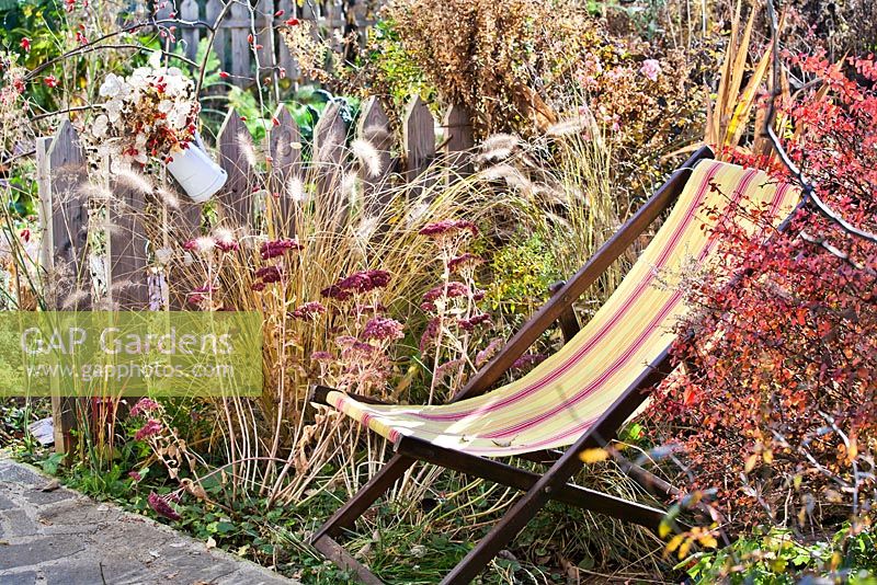 Deck chair amongst perennials and grasses in autumn: Pennisetum, Crocosmia 'Lucifer', Aster, Sedum, Panicum virgatum.