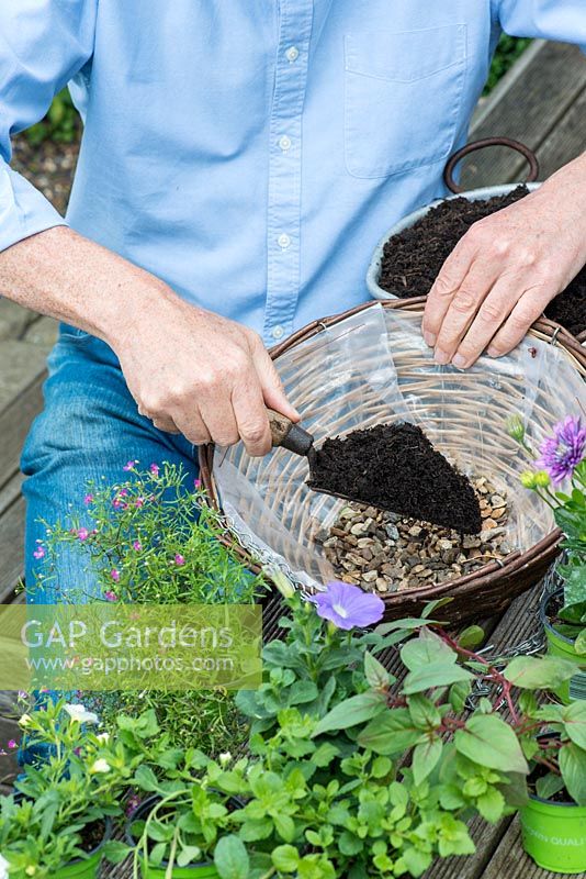 Planting a summer hanging basket step by step. Adding soil on top of thin layer of gravel, having punctured the plastic liner to allow excess water to drain away.