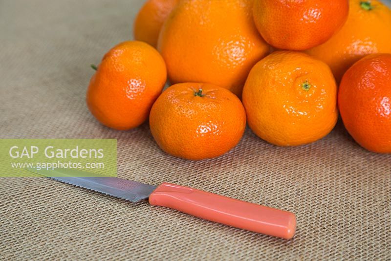 Materials required are shop bought oranges and a sharp knife