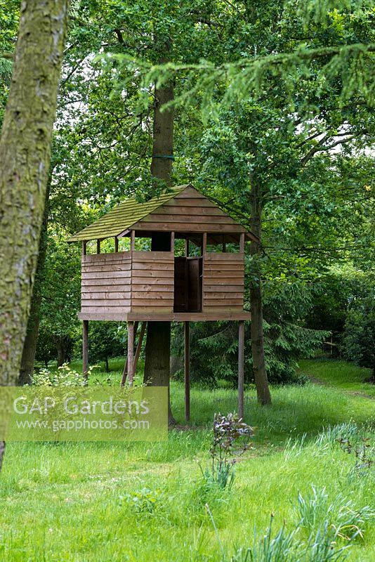 A wooden treehouse sits on stilts in woodland.