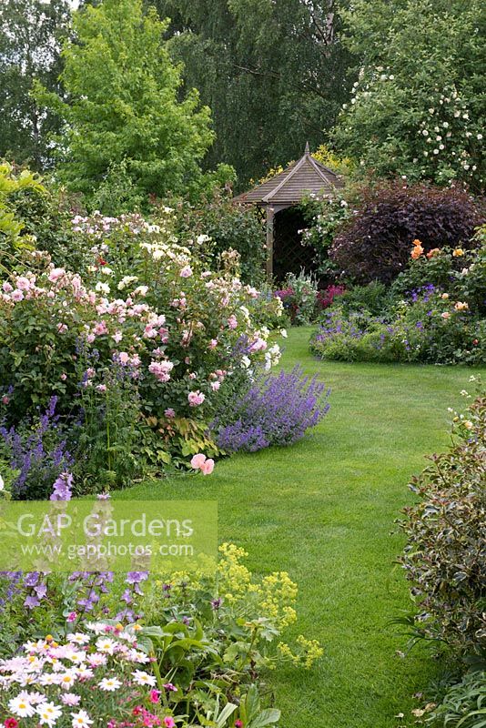 The Glade - a curving grass path leads to a wooden summer house through mixed borders of geraniums, nepeta, virburnum and Rosa 'Tall Story', 'Felicia', 'Sombreuill'.