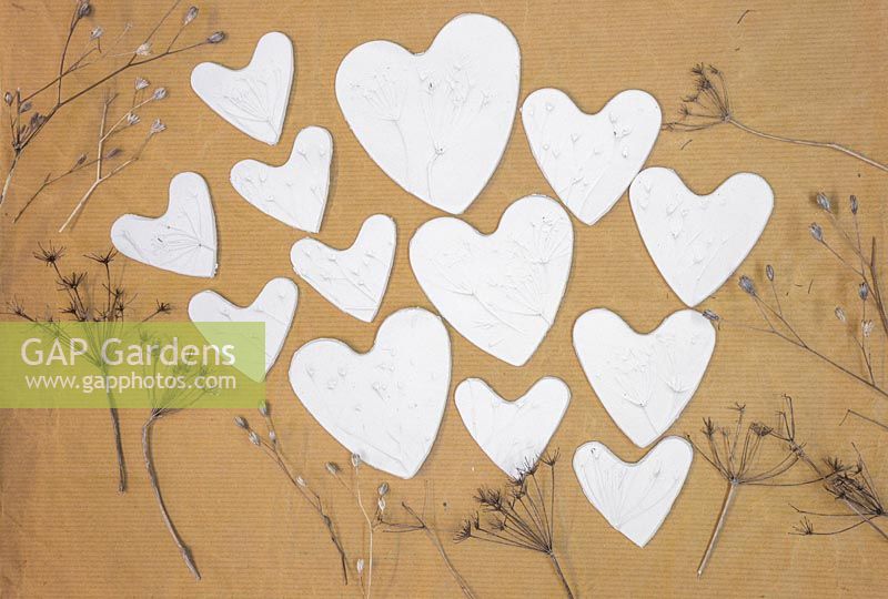 Clay hearts featuring impressions from seed heads