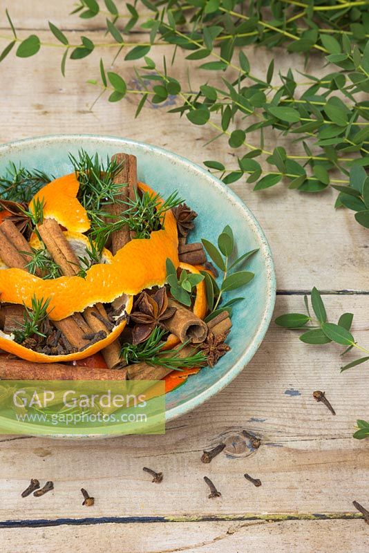 A scented bowl featuring Orange peel, sprigs of Eucalyptus, sprigs of Pinus, Cinnamon sticks, Cloves and Star anise