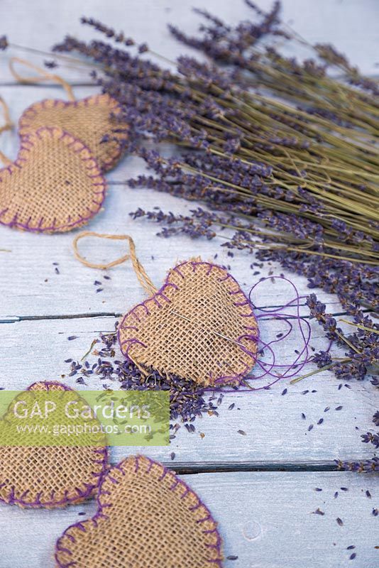 Scented hessian heart satchels filled with dried Lavender flowers