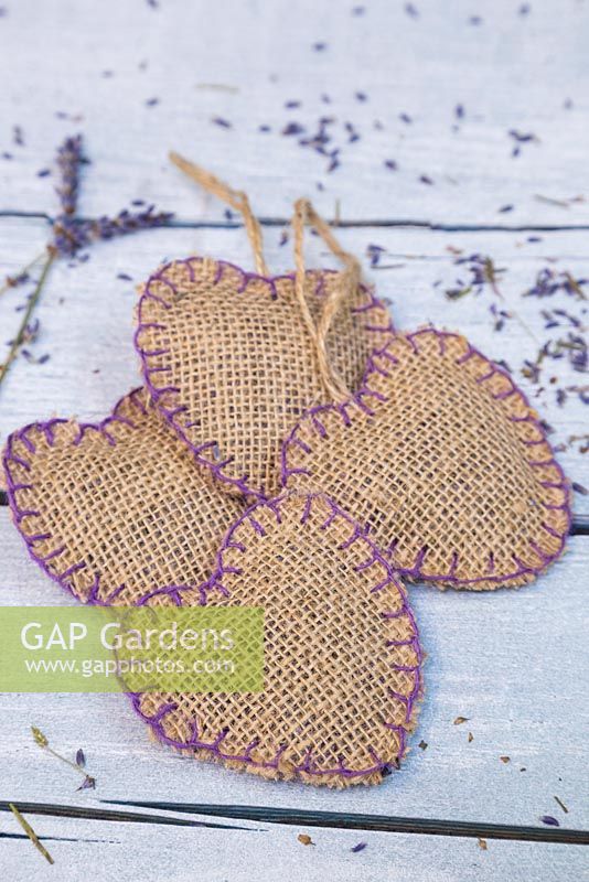 Scented hessian heart satchels filled with dried Lavender flowers