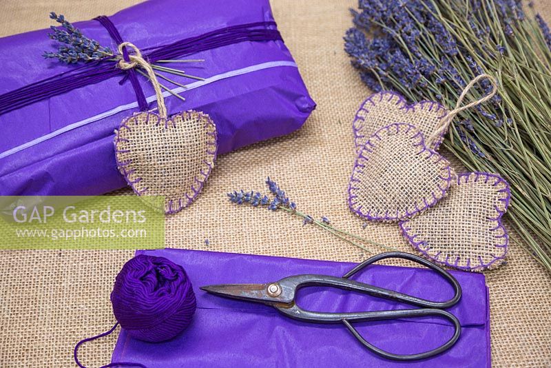 Christmas presents with scented hessian Lavender heart satchels containing dried Lavender flowers