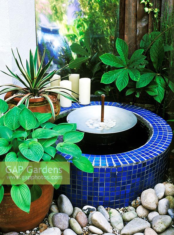 Bubble fountain - silver dish with pebbles, blue mosaic surround, hosta, yucca filamentosa and rodgersia podophylla in containers, June