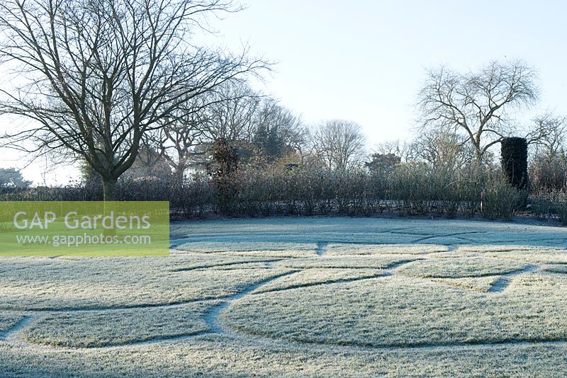 Frosty lawn with mown stripe pattern, RHS Garden Wisley, Surrey 