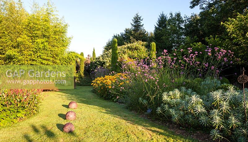 Bench on lawn backed by bamboo and borders featuring Verbena bonariensis, Rudbeckia, Euphorbia characias, Persicaria amplexicaulis and Cupressus sempervirens - July, Les Jardins de la Poterie Hillen