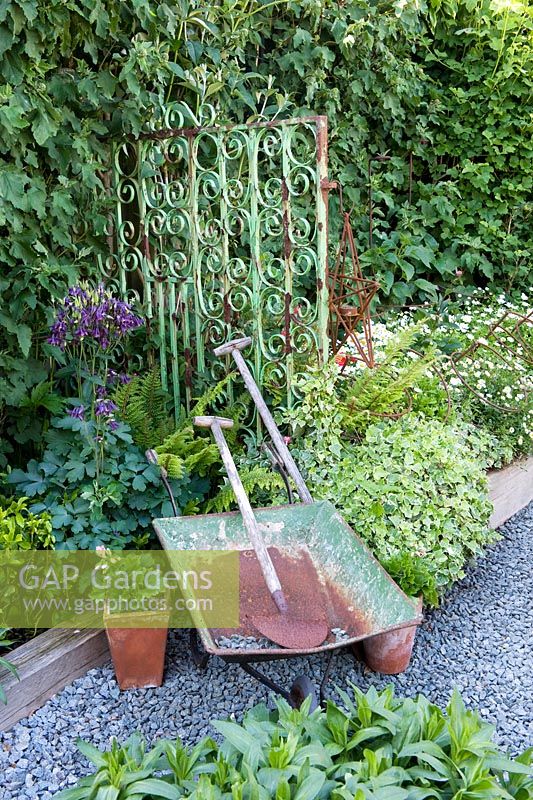 Old green painted wrought iron gate with an old wheel barrow and tools on a slate chip path with raised beds including ivy and daisies. 