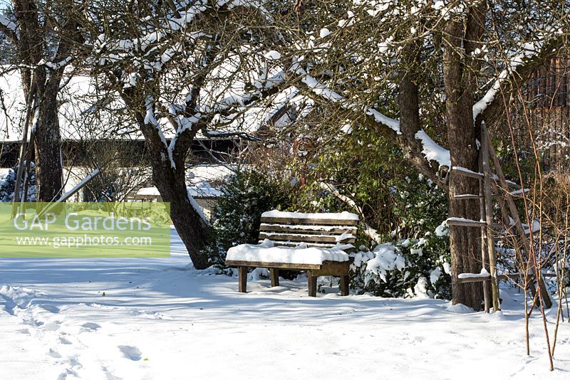 Rural garden in winter with snow covered wooden bench