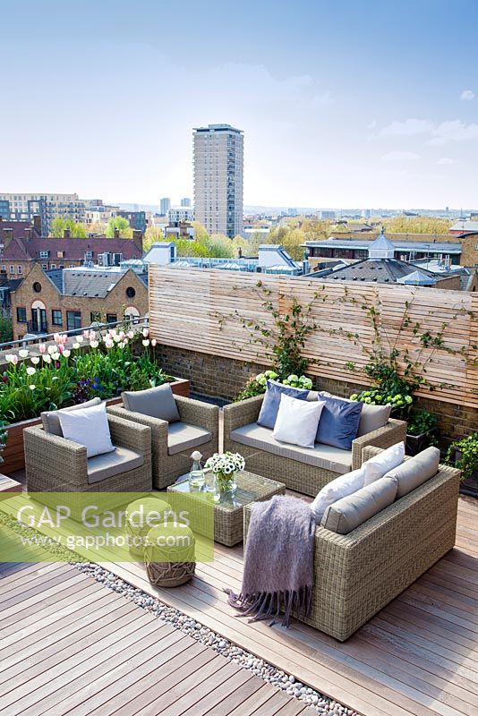Outside seating area with rattan garden furniture on a London roof terrace garden in Spring, April