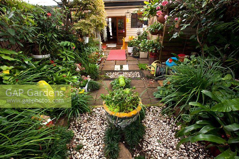 View from back fence to rear of house in inner city garden features mondo grass, bromeliads and strappy leafed plants, as well as colourful eclectic retro pieces sourced from local markets. 