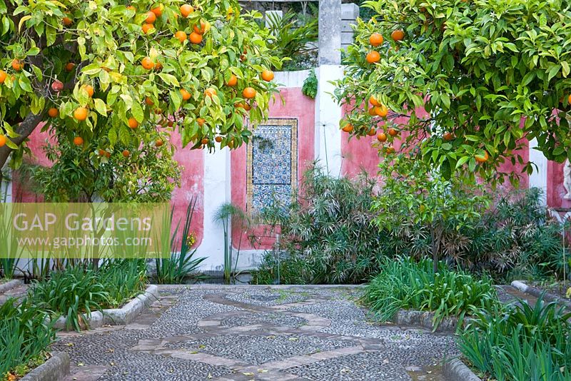 Upper terrace with pebblework mosaic, orange trees, irises and a rectangular pool filled with papyrus, ancient sicilian and turkish tiles. Casa Cuseni in Taormina, Sicily, Italy