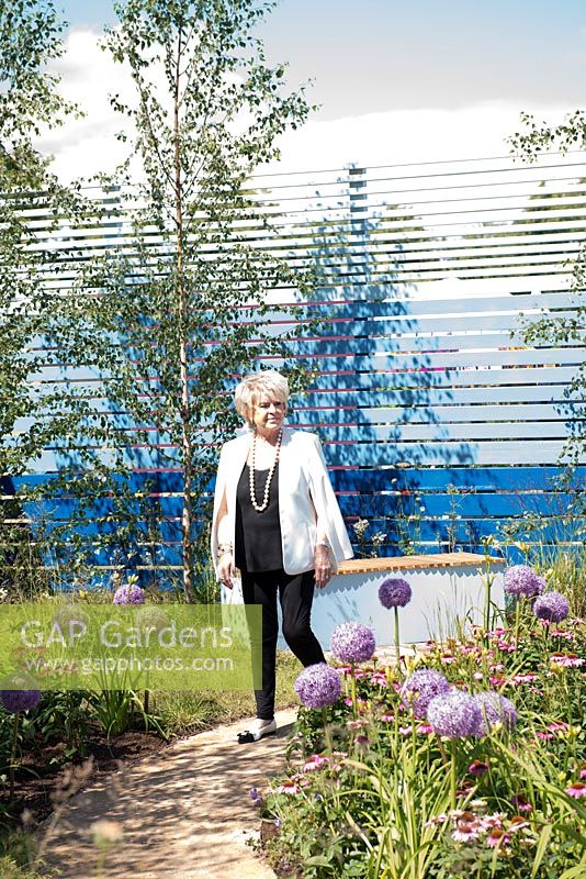 Gloria Hunniford on the Cancer Research UK's Life Garden, Design: Antonia Young, RHS Hampton Court Palace Flower Show 2016