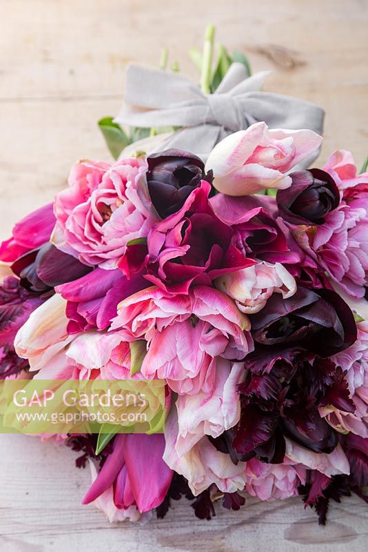 Bouquet of Tulipa 'Queen of Night', 'Black Parrot', 'Holland Chic', 'Merlot' and 'Aveyron' on a table