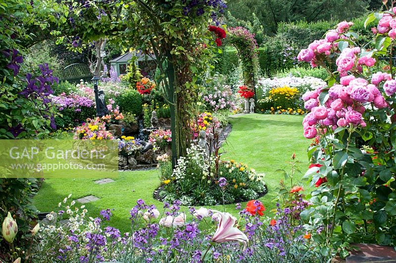 View of colourful small back garden with borders filled with tender bedding plants, perennials, Rosa 'Pomponella' and Clematis on trellis and pond 
