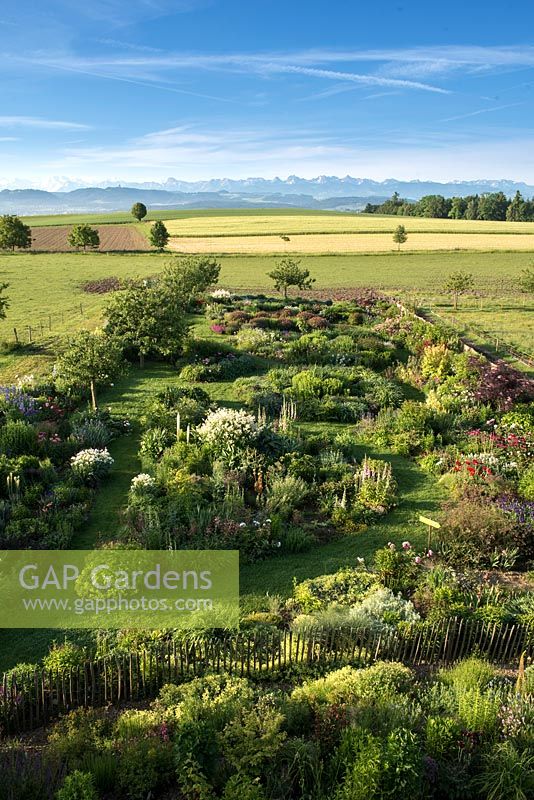 Garden overview with view to Swiss mountain 