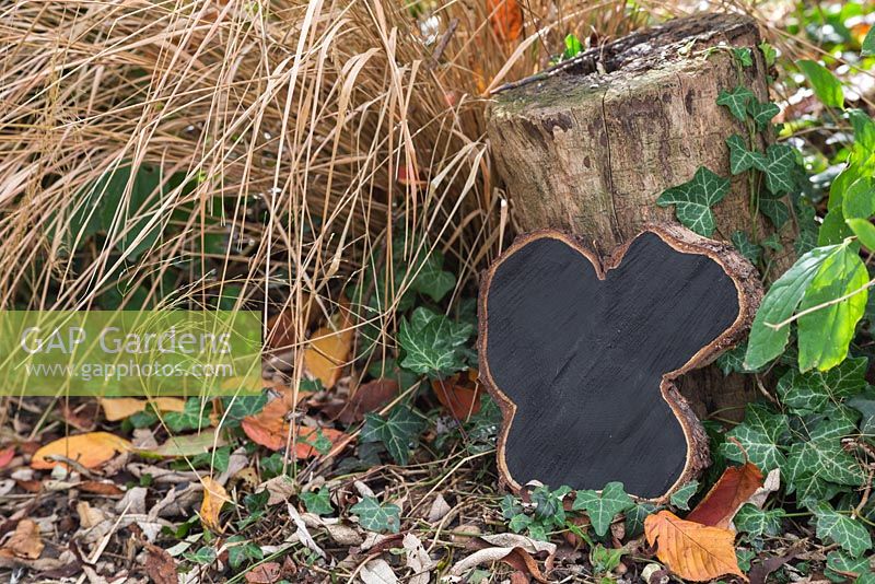 A blank Oak tree slice painted with blackboard paint to be used as a sign or label