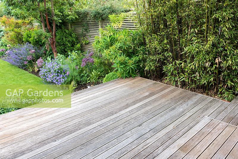 An empty wooden deck measuring 3m x 4m, before planted pots are added.