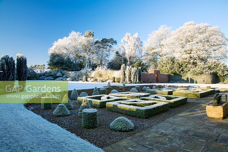 View across frosted Parterre - Lanton Tower, Jedburgh Scotland